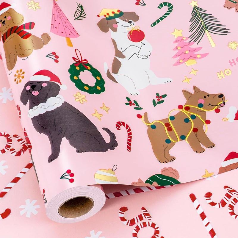 Yarcony Dog Christmas Wrapping Ppaper, Pink Wrapping Paper, Metallic Foil Pastel Cute Puppy, Candy Cane Pattern Christmas Gift Wrap for Winter Holiday, Little Girl Birthday (17 Inch X 33 Feet) - Image 1